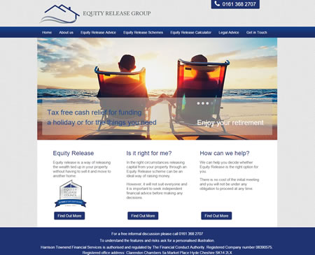 Equity Release Website Design, showing Equity Release Schemes, Lifetime Mortgaages, reversion Schemes and Equity Release Calulator